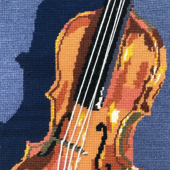 Vtg 1970s Completed Needlepoint Violin Instrument Sheet Music Wall Hanging Decor - Picture 4 of 16